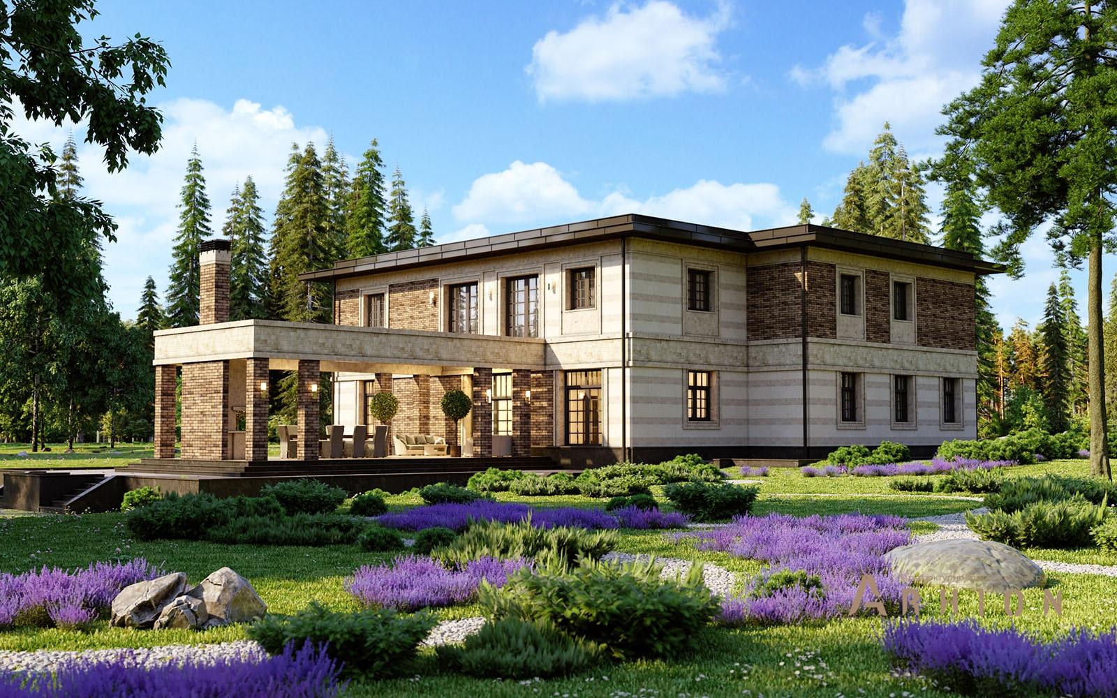 7. Проект двухэтажного дома в стиле лофт с плоской кровлей , av-540, площадью - 540 кв c сауной, терассой, балконом, гаражом